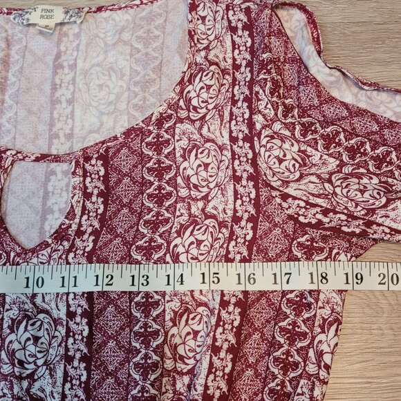 Pink Rose Floral Boho Shift Dress Size M Tie Sleeves Stretch Waist Country Girl - Picture 7 of 13
